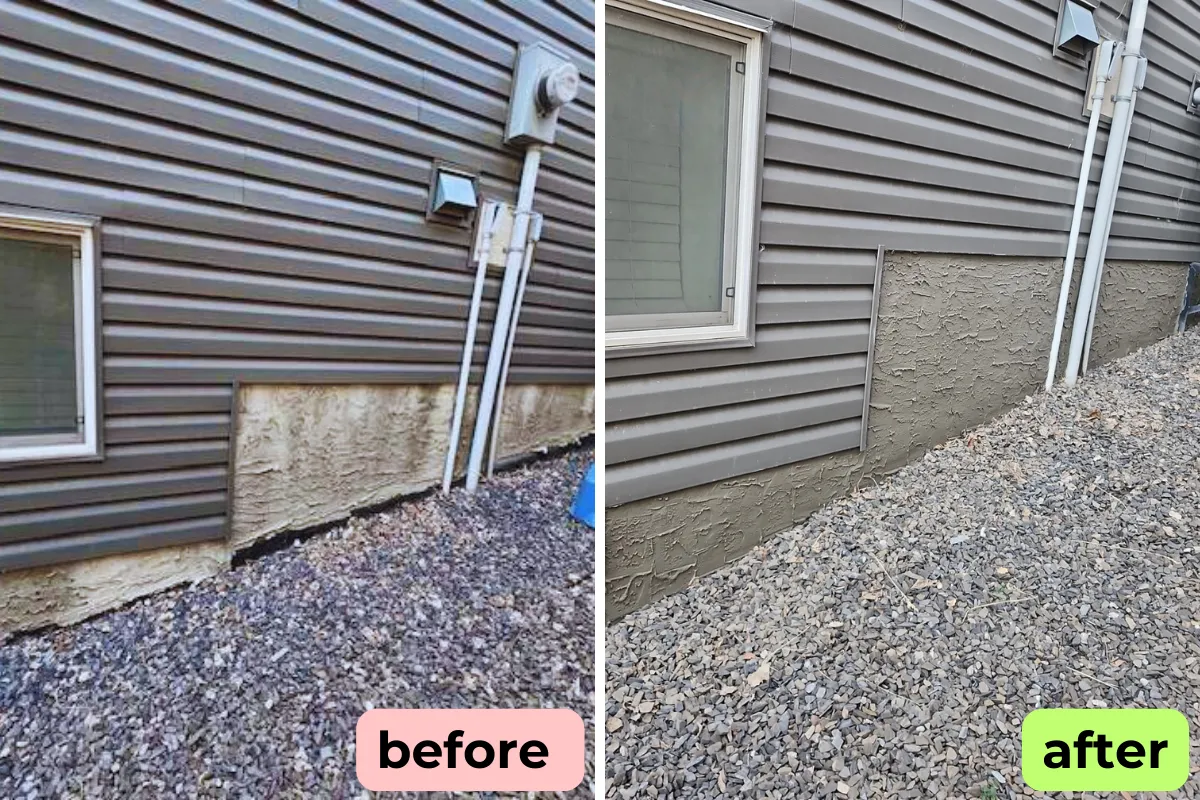Before and after photo of damaged parging and new parge mix wrap in Calgary