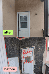Weatherproofing around door and matchable re-stucco