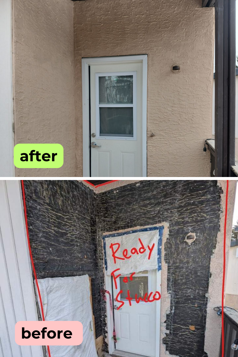 Weatherproofing around door and matchable re-stucco