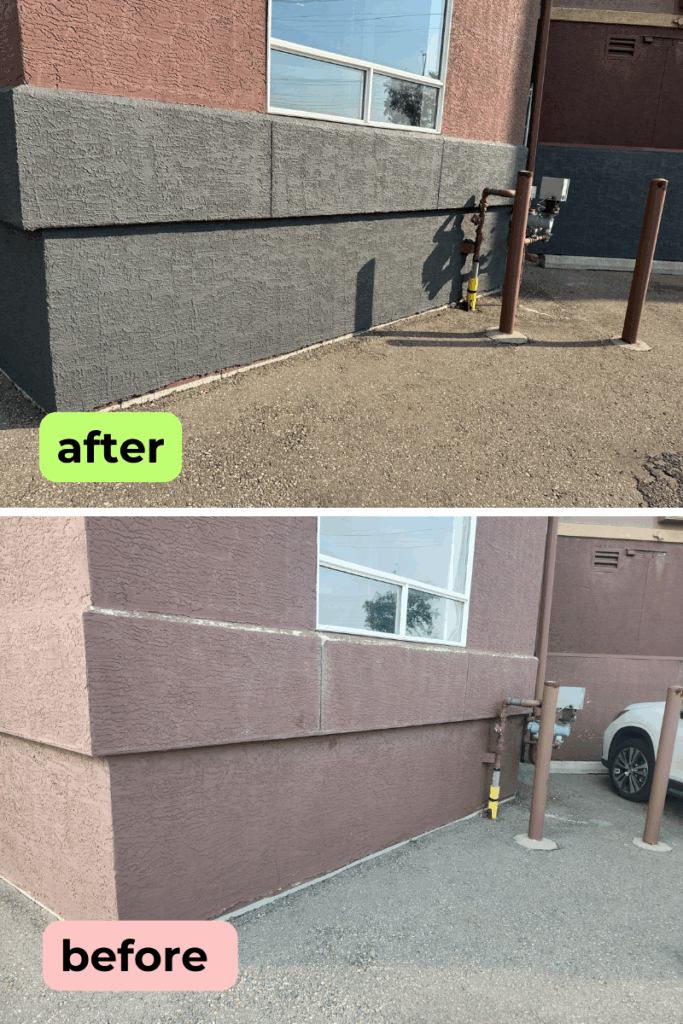 before and after photo of new conventional wavy texture stucco finish
