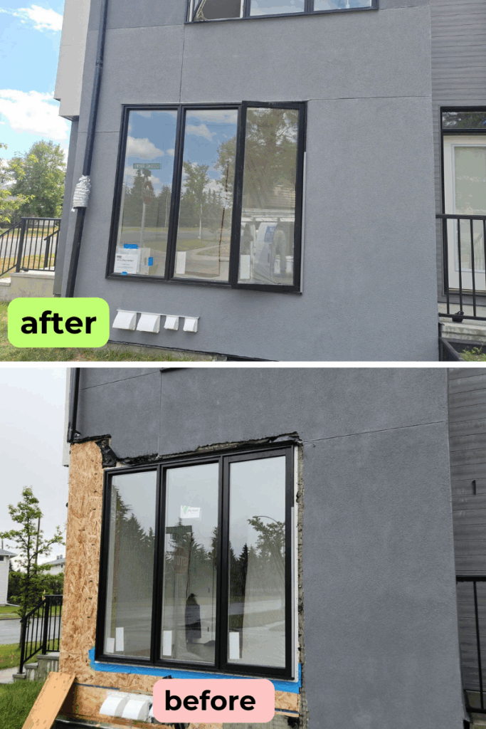 Before and after photo of stucco acrylic finish repair around a window