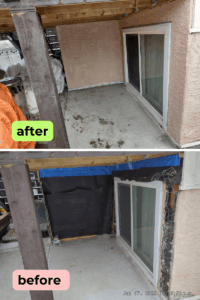 Henry's blue skin (the best membrane) around window and matchable stucco texture with colour