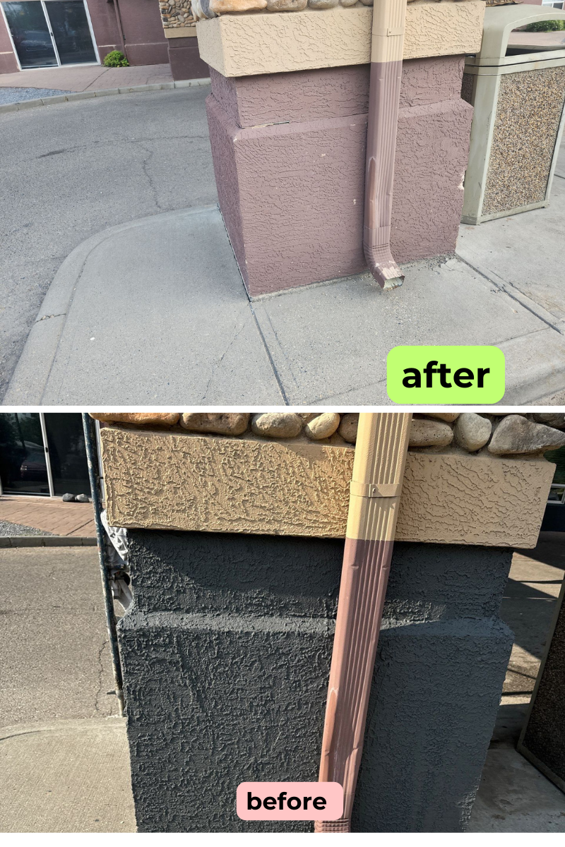 before after photo of stucco pillar painted at Days Inn