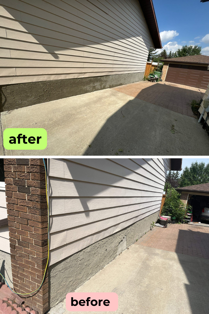 before and after photo of new parging to discolorated parging