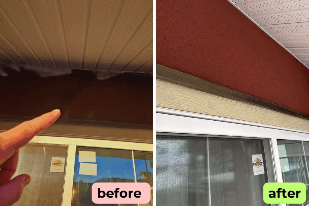 water damage to red stucco acrylic before and after photo