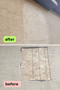 Homeowner deleted a window - stucco repair with matching colour and texture