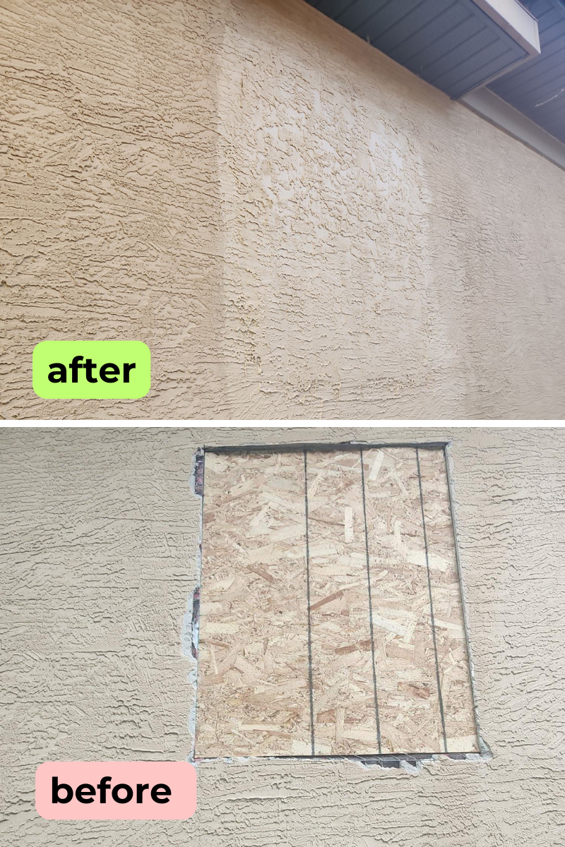 Homeowner deleted a window - stucco repair with matching colour and texture