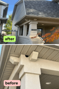 Woodpecker repair to stucco battens at house front entryway