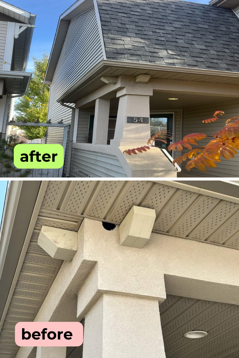 Woodpecker repair to stucco battens at house front entryway